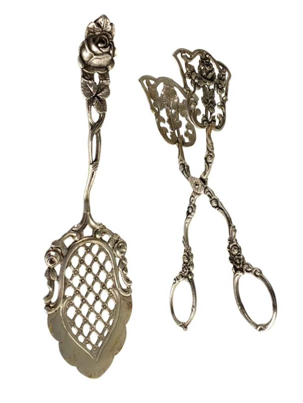 Antique German 800 European Silver Rose Pattern Pastry Tong & Server Set